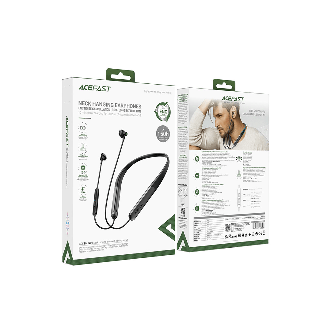 ACEFAST N1 Neck Hanging ENC Bluetooth Earphone - Black in Qatar ACEFAST N1 Neck Hanging ENC Bluetooth Earphone - Black in Qatar